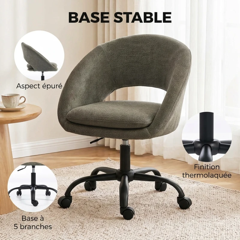 HOMCOM Chaise Bureau Ergonomique en Chenille, Hauteur Réglable, Accoudoirs Intégrés, Pivotant 360°, 59x60x79-89cm, Vert Foncé