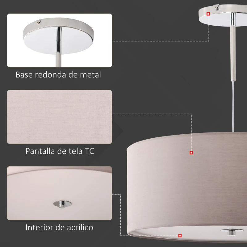 HOMCOM Lámpara de Suspensión Ø59x44 cm Lámpara Colgante Textil con Luces LED 36W con 3 Modos de Color y Soporte de Metal Dormitorio Sala de Estar Gris