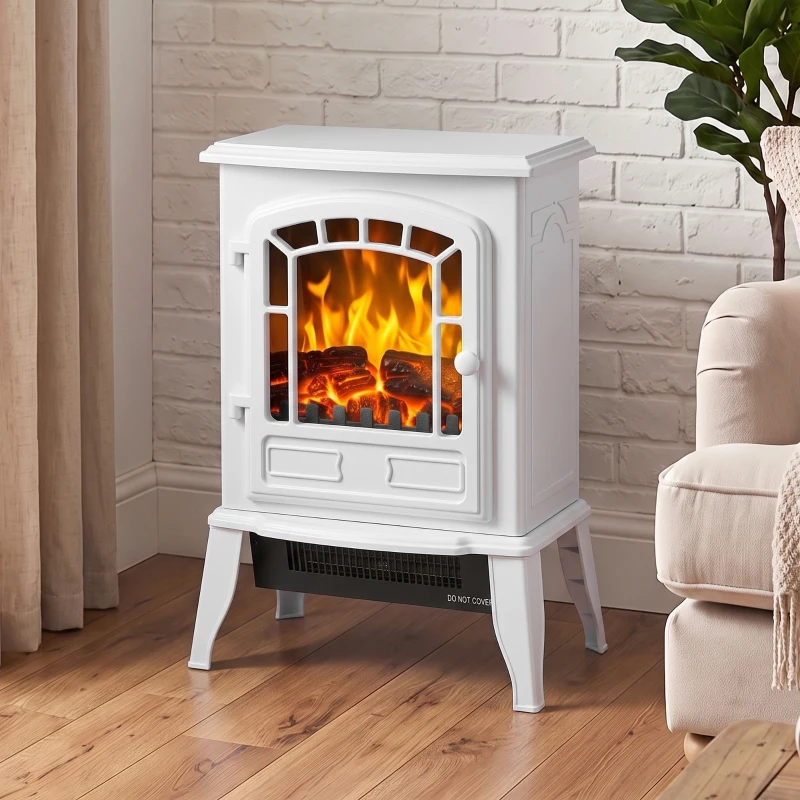 HOMCOM Electric Fireplace Stove, 1000W/2000W, Freestanding Electric Fire with LED Flame Effect, Adjustable Thermostat, White