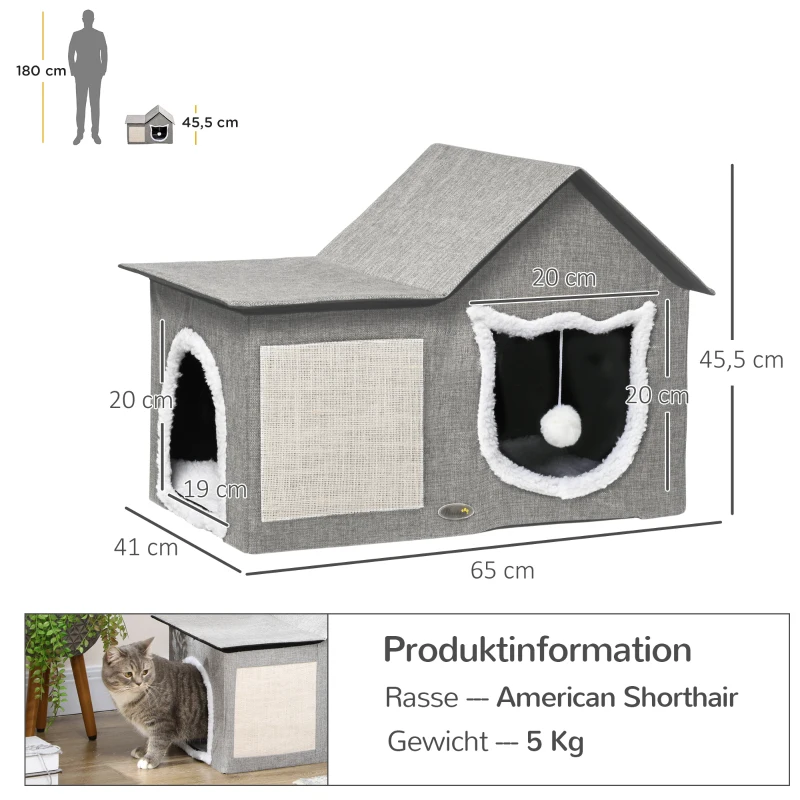 PawHut Katzenhaus mit Kratzfläche, inkl. Spielball, Katzenhöhle, 65 cm  x 41 cm x 45.5H cm, Braun + Weiß + Beige