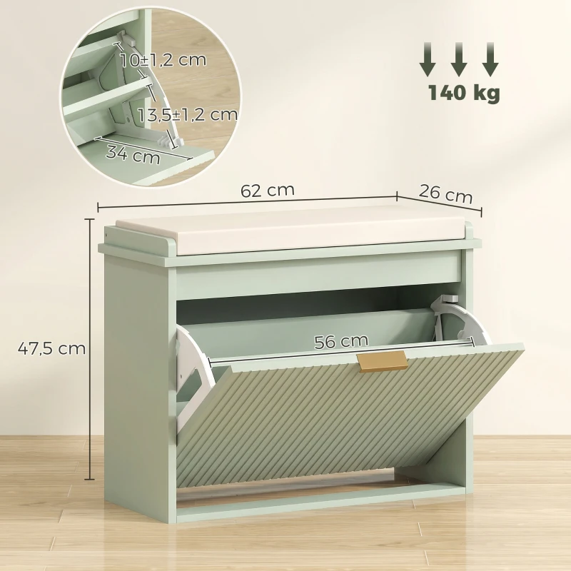 HOMCOM Schuhbank mit gepolstertem Sitzkissen und klappbarem Schubfach für Flur, Schlafzimmer, 62 x 26 x 47,5 cm, grün