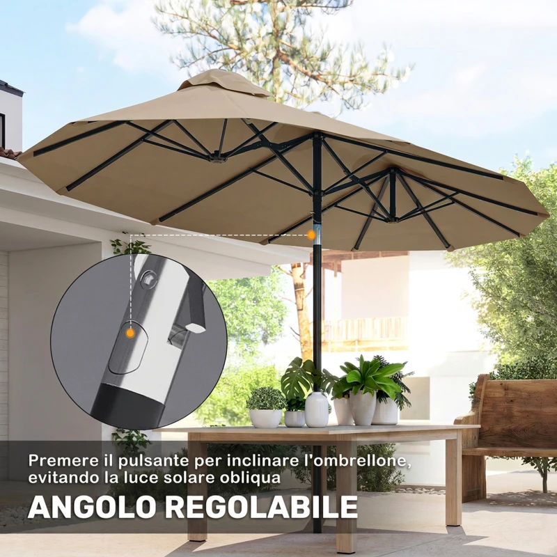 Outsunny Ombrellone da Giardino Doppio Inclinabile con Apertura a Manovella, 295x152x222 cm, Cachi