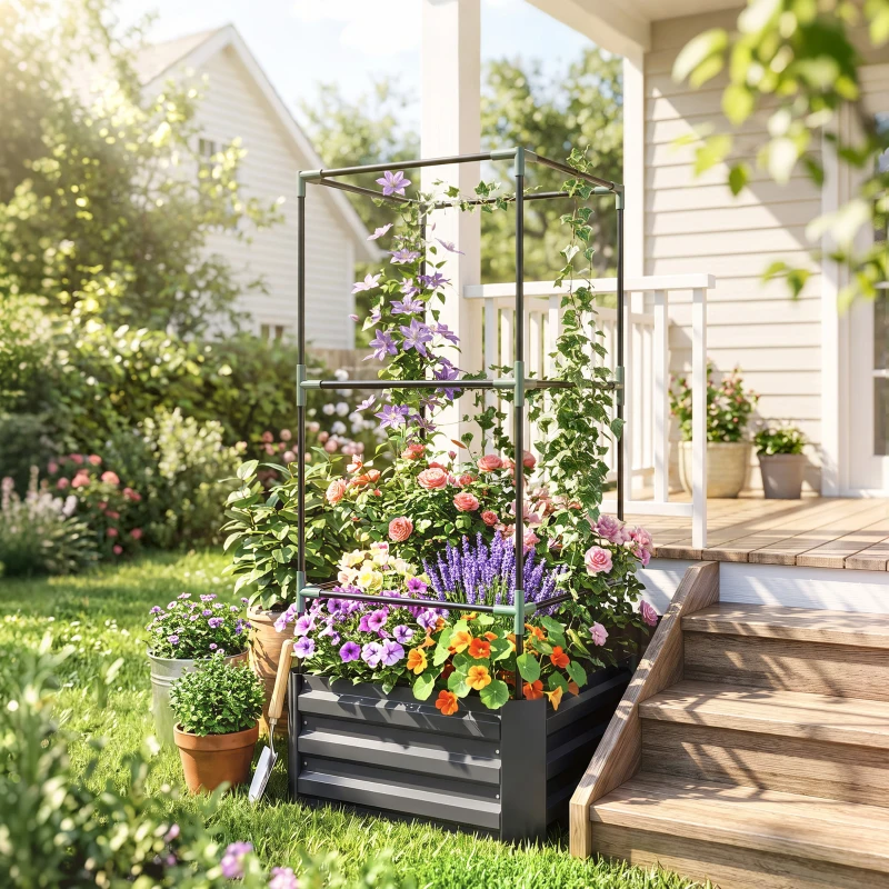 Outsunny Hoogbed met klimrek Plantenbak met klimsteun, open bodem, weerbestendig, 61 cm x 61 cm x 140 cm, Donkergrijs
