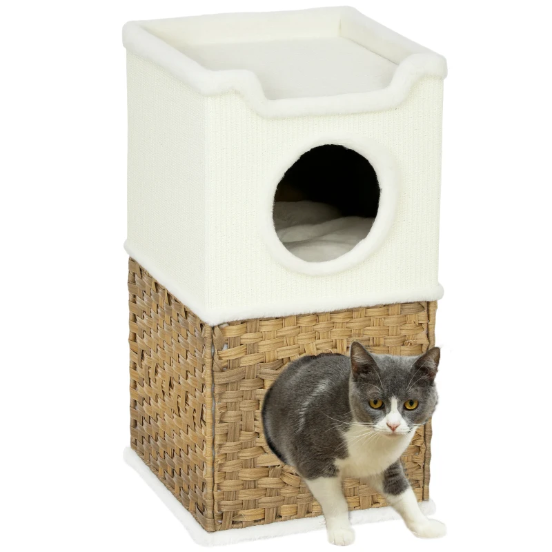 PawHut Kratztonne 75,5 cm Hoch dreistöckige mit Plüschrand, Kissen, Katzenhöhle, für mittelgroße Katzen, Cremeweiß