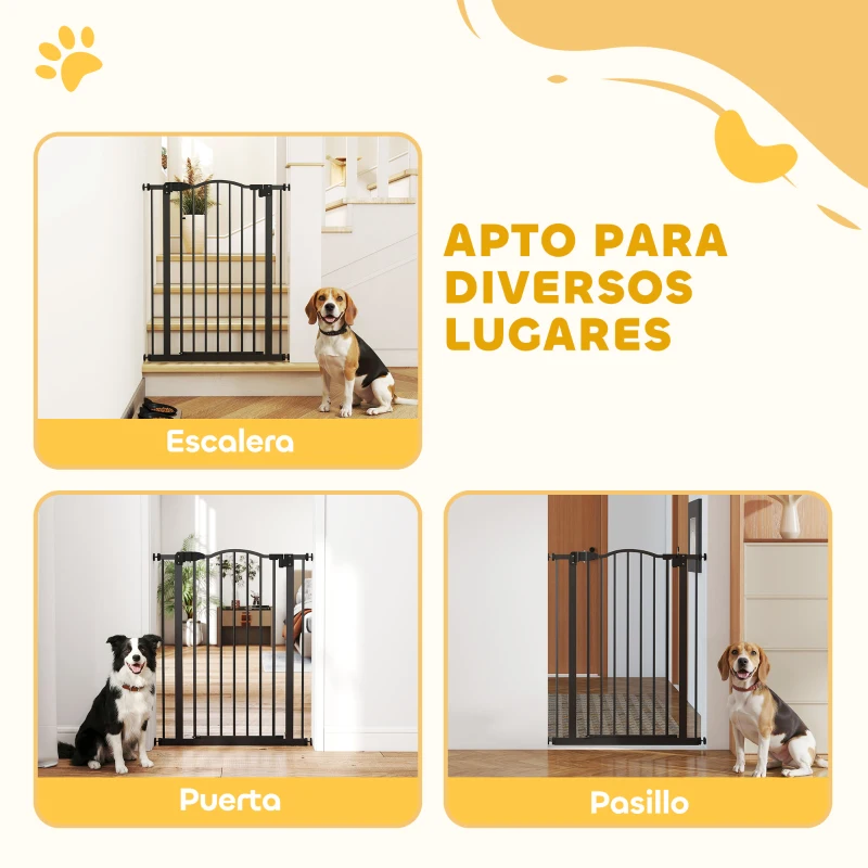 PawHut Barrera de Seguridad para Perros 74-80 cm con 2 Extensiones Montaje a Presión Doble Bloqueo para Puerta Escalera Negro