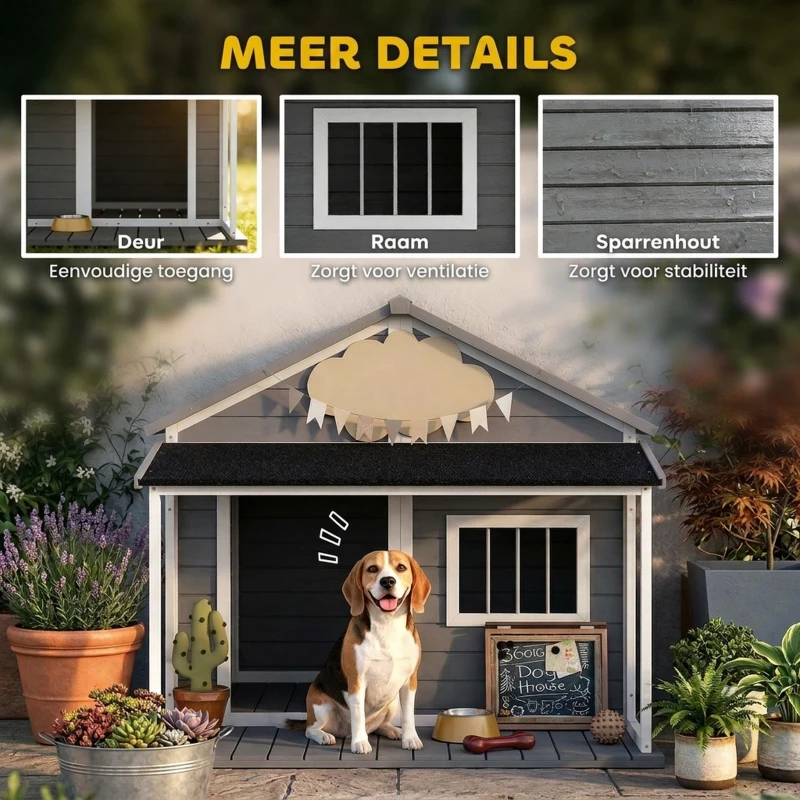 PawHut Hondenhok voor buiten - Inclusief veranda - Weerbestendig - 124 cm x 112 cm x 105 cm - Grijs + Wit(m-6)
