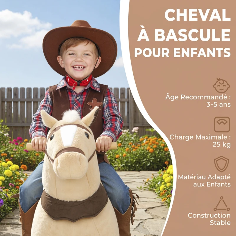 AIYAPLAY Cheval à bascule animal à bascule sur roulettes avec selle et harnais pour enfant de 3 à 5 ans 70 x 28 x 80 cm marron