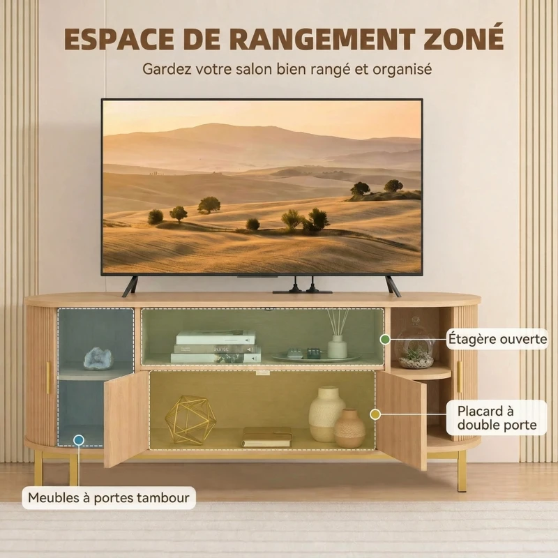 HOMCOM Meuble TV 140 cm avec 2 Prises et 2 Ports, Meuble Télé pour 84 Pouces, 2 Portes Battantes, 2 Portes Coulissantes, Chêne