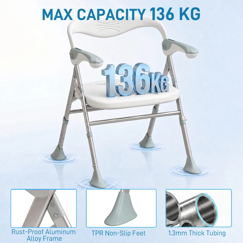 HOMCOM Foldable Shower Chair with Flip-Up Armrests, Shower Stool with Adjustable Height, Tool-Free Assembly, 136 kg