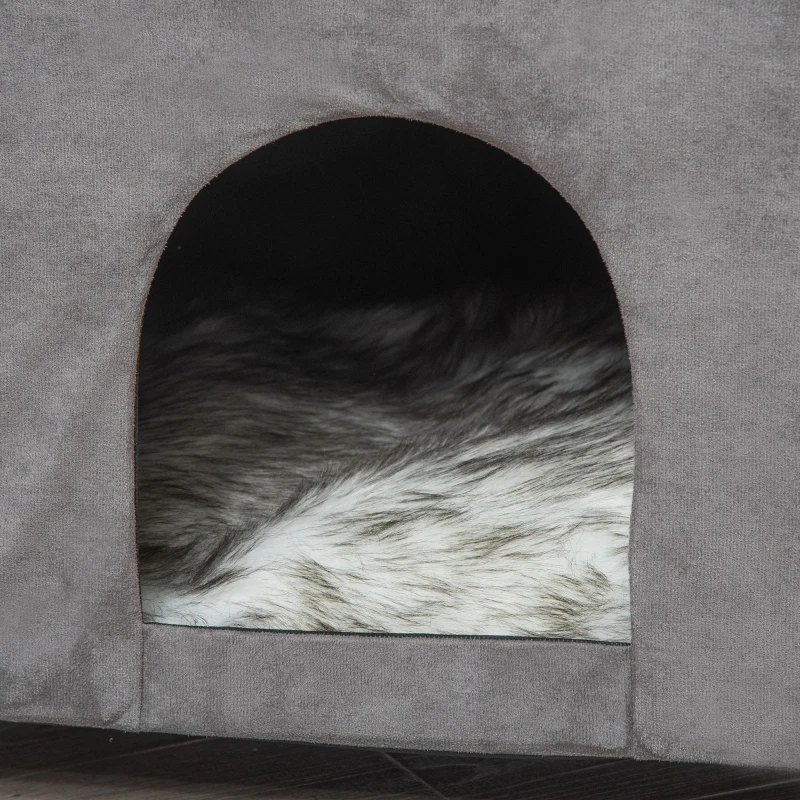 PawHut Cueva para Gatos 2 en 1 Taburete Reposapiés con Tapa Extraíble Orificio de Entrada Cojín Lavable y Patas Elevadas de Madera para Interior 60x45x44,5 cm Gris
