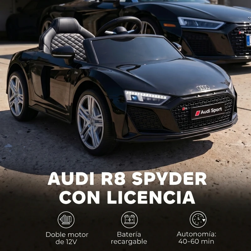 AIYAPLAY Coche Eléctrico Niños Audi R8 Spyder 12V con Mando a Distancia 2,4 G 2 Motores Arranque Suave Suspensión Trasera Negro
