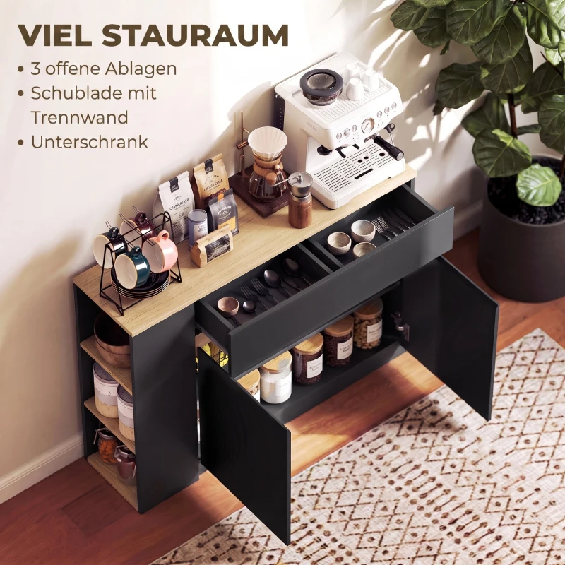 HOMCOM Dressoir, buffetkast met groot kastvak, 3-laags schap en lade, zwart, 110 x 29,5 x 82 cm