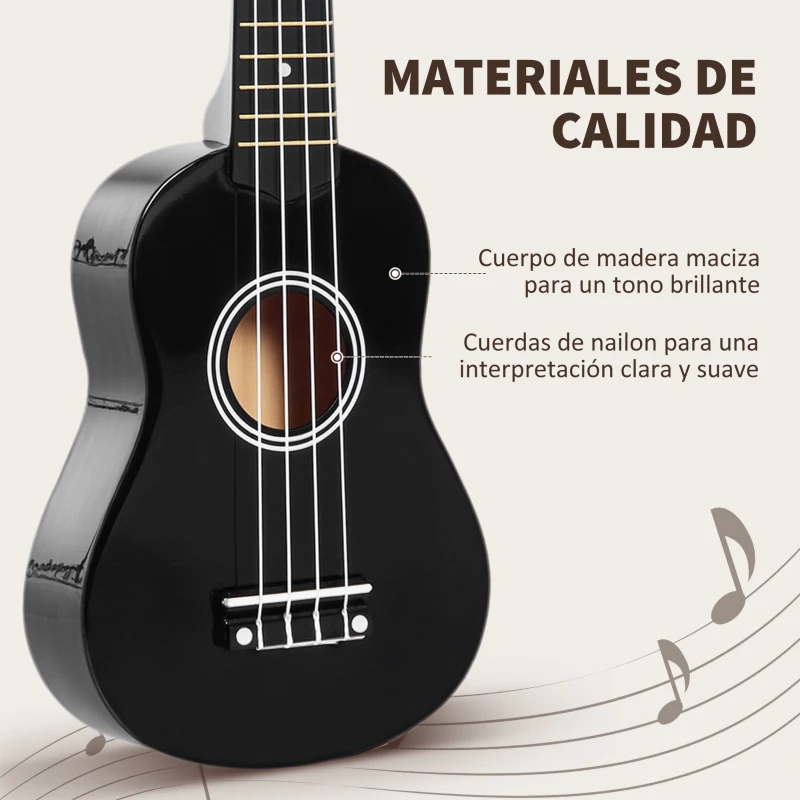 HOMCOM Ukelele Soprano para Principiantes con 4 Cuerdas de Nylon Ajustables Juguete educativo 53x17,5x6,2cm Negro