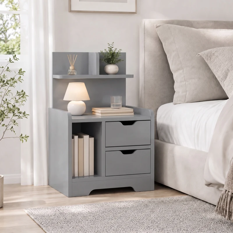HOMCOM Bedside Table, Small Bedside Cabinet with 2 Drawers and Storage Shelves, Modern Nightstand for Bedroom, Grey