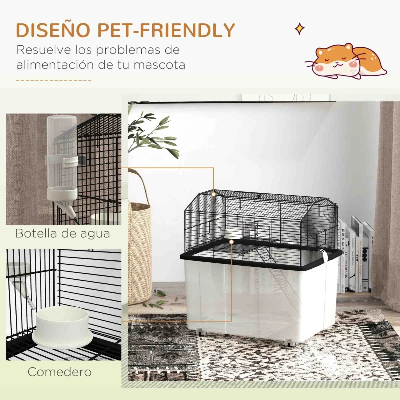 PawHut Jaula para Hámster con Fondo Profundo Plataforma Cuenco Bebedero Rampa y Ruedas 57x43x57 cm Negro