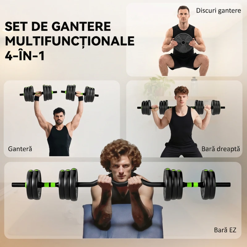 SPORTNOW Set Bară cu Greutăți 3 în 1 cu 16 Discuri și Prindere Antiderapantă, 140x20x20 cm, Verde