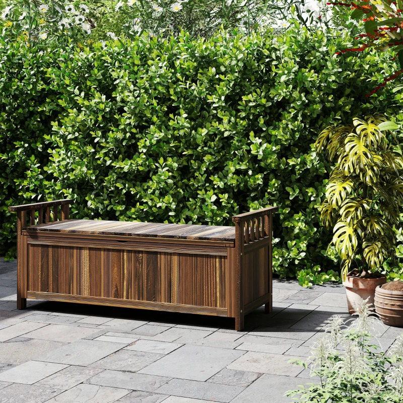 Outsunny 2-Zits Tuinbank van Hout met Weerbestendige Zitting, Tuinmeubilair met Opbergruimte en Armleuningen 128,5 x 56 x 53,5cm, Verkoold