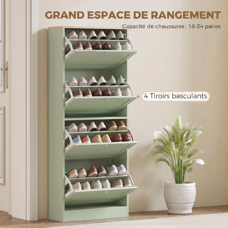 HOMCOM Meuble à chaussures 24 paires, armoire à chaussures avec 4 tiroirs rabattables, étagères réglables, 60x23,5x153cm, vert