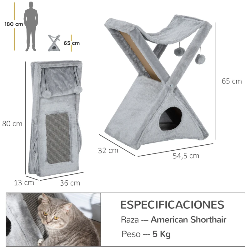 PawHut Árbol Rascador para Gatos 54,5x32x65 cm Plegable con Cueva Hamaca Alfombrilla Rascadora de Sisal Bolas Colgantes para Espacios Reducidos Juego y Descanso Gris