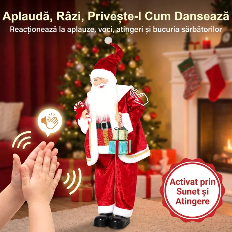 HOMCOM Moș Crăciun Animat cu Muzică și Dans 120 cm, Brațe Reglabile, Decor Crăciun Roșu