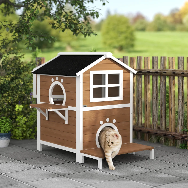 PawHut Buitenkattenhuis met Weerbestendig Dak, Venster, Balkon, 2 Niveaus, Verwijderbare Bodem, voor 1-2 Katten, Bruin