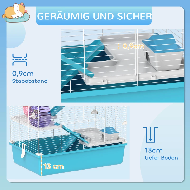 PawHut hamsterkooi 6 verdiepingen, dierenkooi met metalen tralies, buizen, tunnels, huisje, loopwiel, voederbak, waterfles, hellingen, voor dwerghamsters en gerbils, 58 x 36 x 81 cm lichtblauw(m-7)