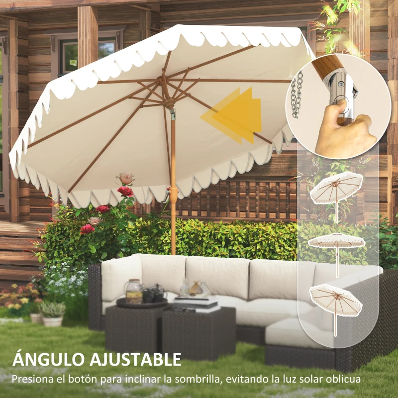 Outsunny Sombrilla de Jardín Ø264x240 cm con Ángulo Ajustable Manivela y Toldo con Volantes Decorativos para Patio Terraza Crema