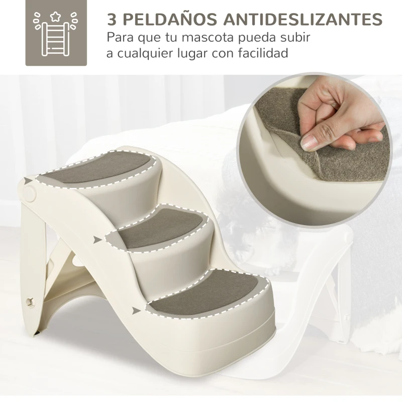 PawHut Escalera para Mascotas de 3 Peldaños Plegable Escalón para Perros Gatos para Cama Sofá 49x38x38 cm Crema
