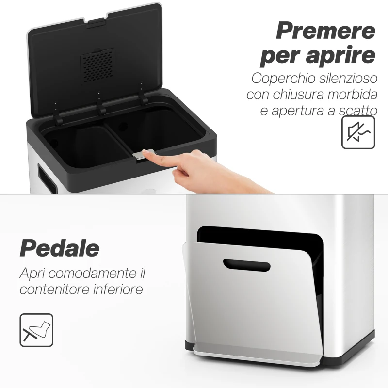 HOMCOM Bidone Immondizia a 3 Sezioni da 56L con Supporto per Deodorante, in Acciaio e PP, 45.7x35.8x76 cm, Argento
