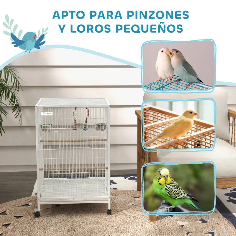 PawHut Jaula para Pájaros con Ruedas con Comederos Perchas Columpio y Bandeja Extraíble 48x46x78 cm Blanco