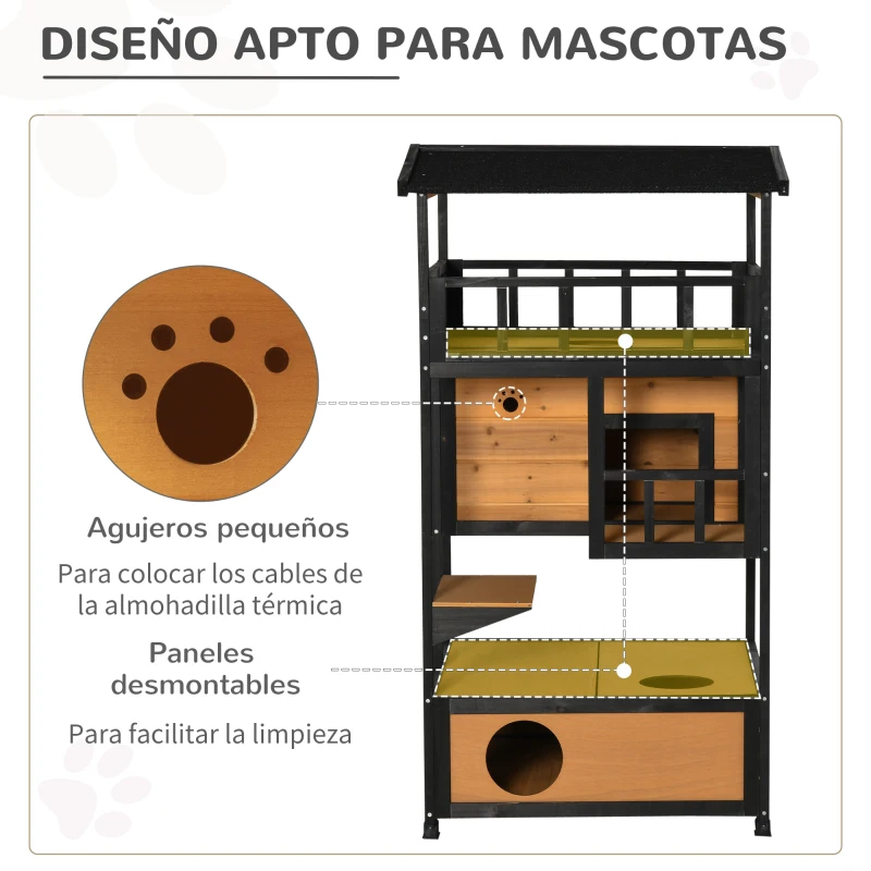 PawHut Caseta para Gatos de Madera 75,5x75x137 cm con Techo Asfáltico Plataformas para Interior y Exterior Natural