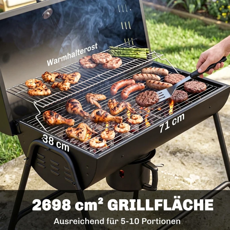 Outsunny Metalen Houtskoolbarbecue BBQ Smoker met Deksel Thermometer Wielen Grillwagen 95x71,5x102 cm Zwart
