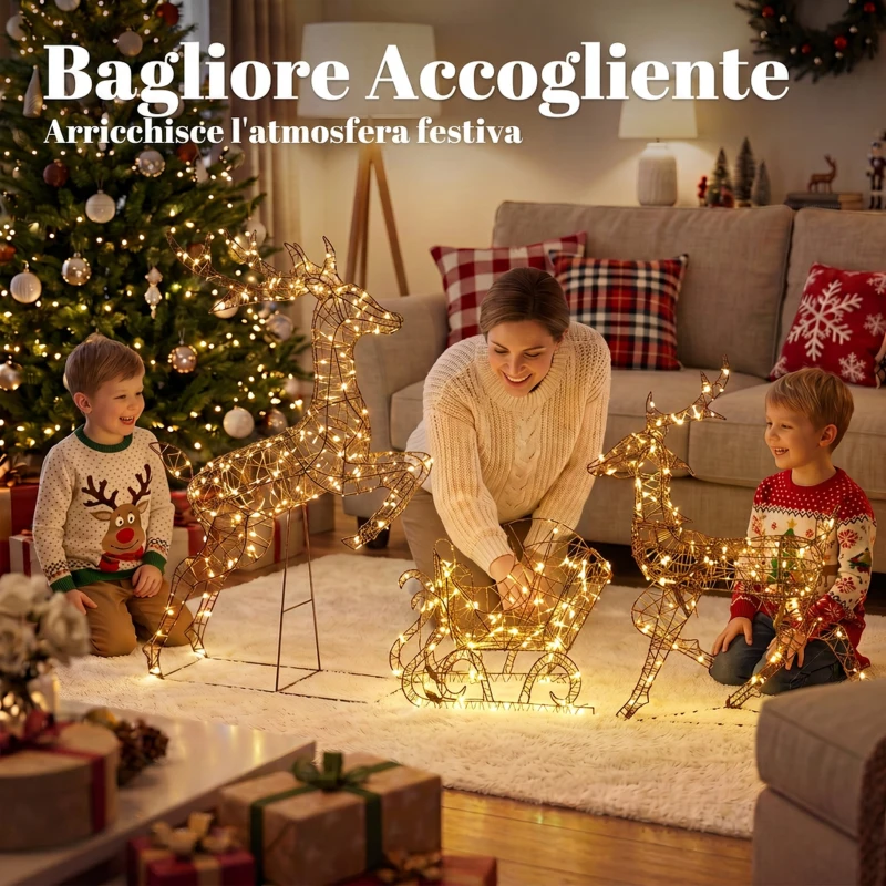 Outsunny Decorazione Natalizia da Esterno 3 Pezzi Renne e Slitta, 240 LED, 8 Illuminazioni, Timer, IP44