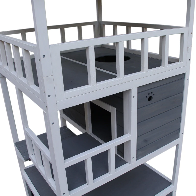 PawHut Caseta para Gatos de Madera 75,5x75x137 cm con Techo Asfáltico Plataformas para Interior y Exterior Gris