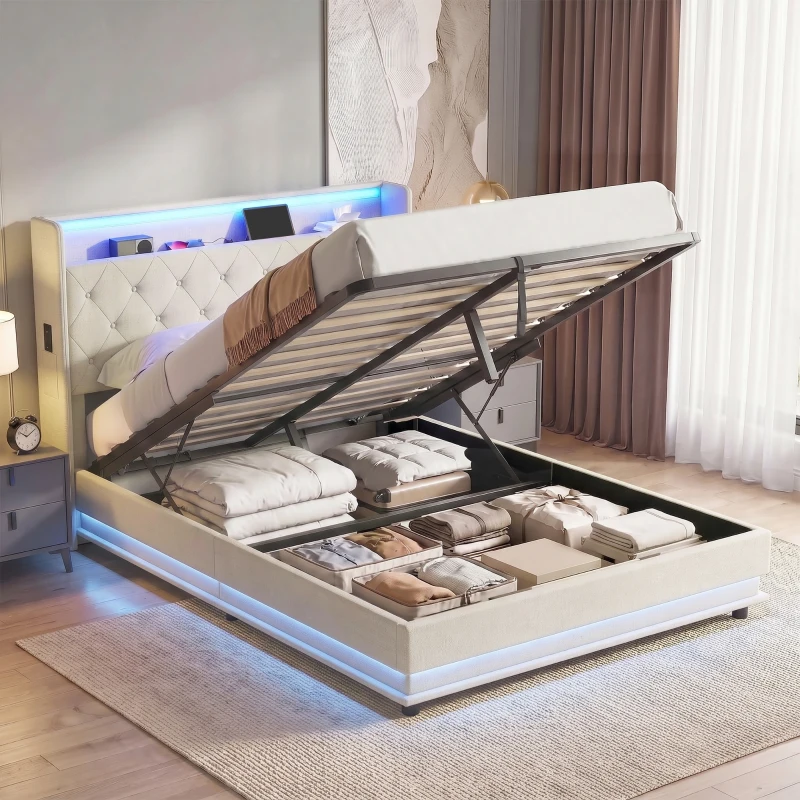 HOMCOM 4ft6 Double Bed Frame with Headboard, Platform Bed Frame with Hydraulic Storage, LED Lights and Charging Station, Cream