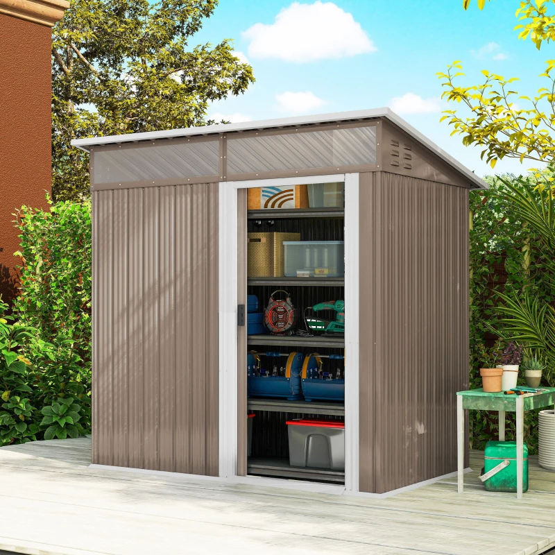 Outsunny Caseta de Jardín Metálica con Puerta Corredera Ventanas y Ventilación para Almacenaje Exterior 195x122x159/182 cm Marrón