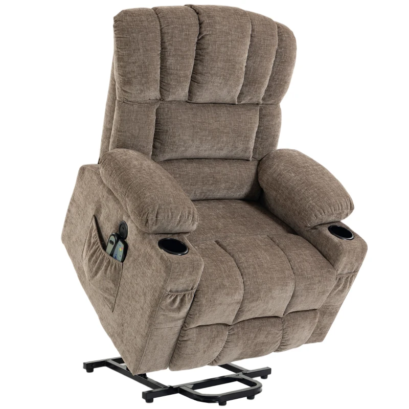 HOMCOM Fernsehsessel mit Aufstehhilfe, Elektrischer Relaxsessel mit Massage & Wärme, Liegefunktion, USB-Anschlüssen, Braun