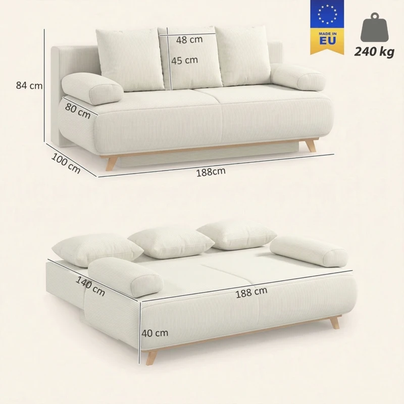 HOMCOM Slaapbank met verstelbare rugleuning, bedfunctie, verborgen opbergruimte en cord bekleding, beige