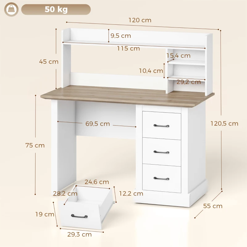 HOMCOM Bureau Informatique avec 3 Tiroirs, 120x55cm, Bureau avec Rangement, Étagères Ouvertes et Large Plateau, Chêne et Blanc