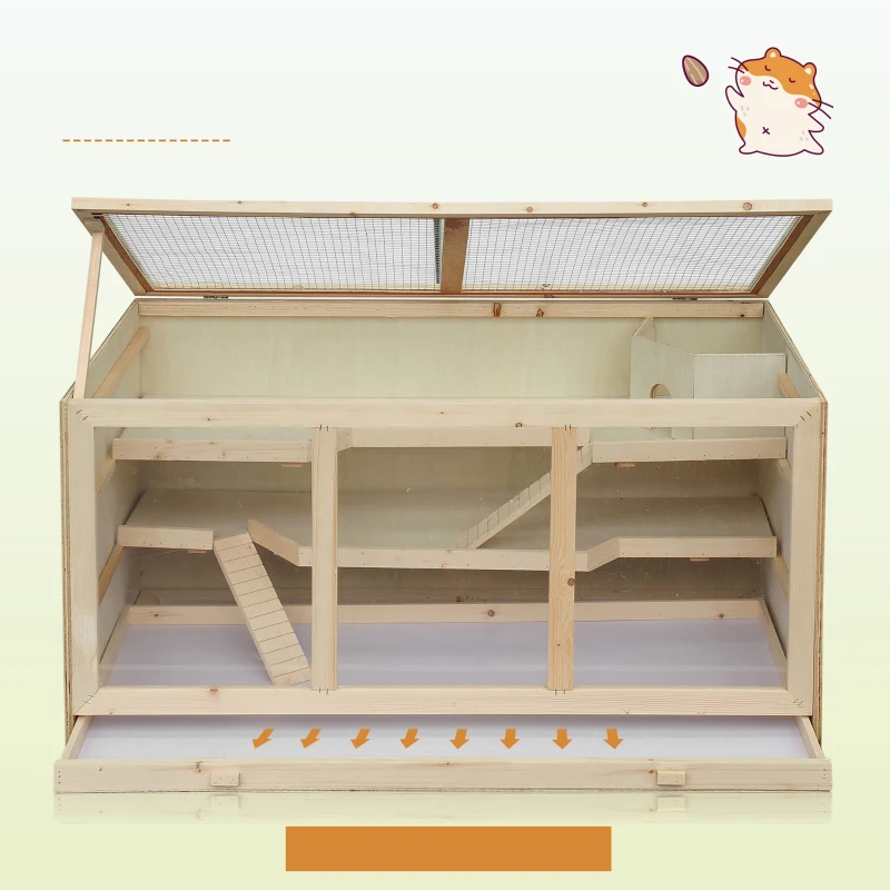 PawHut Jaula para Hámster de Madera Casa para roedores Pequeños con Bandeja Extraíble 2 Plataformas y Rampas 115x57x55 cm Madera Natural