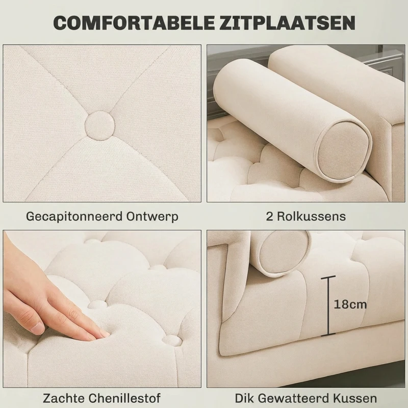 HOMCOM Gestoffeerde bank, vintage design, 2 kussens, chenille bekleding, 115 x 44 x 58 cm, Beige(m-4)