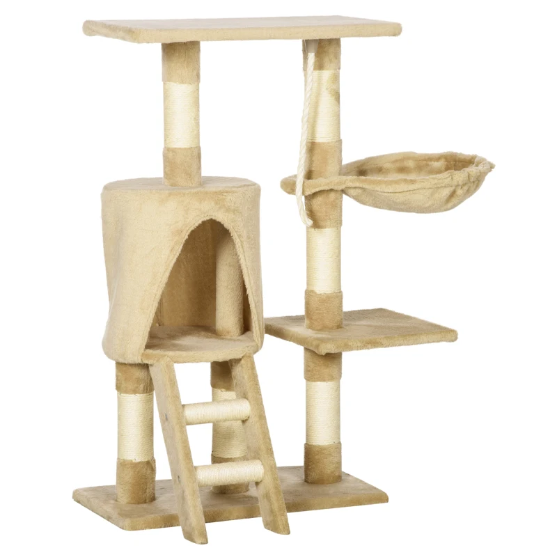 PawHut Árbol para gatos Rascador 55x30x95 cm con Nido Plataforma Caseta Escalera Cuerda de Juego Tablero de Madera y Cubierto de Felpa Marrón