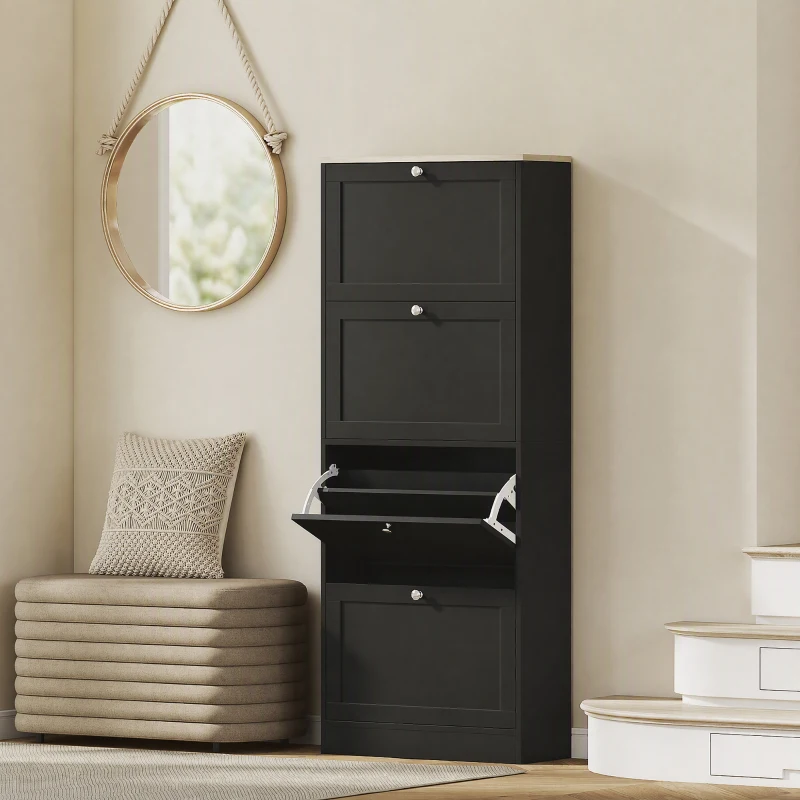 HOMCOM Meuble à chaussures 24 paires, armoire à chaussures avec 4 tiroirs rabattables, étagères réglables, 60x23,5x153cm, noir