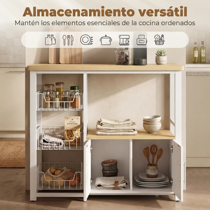 HOMCOM Estantería de Cocina con 3 Cestas Extraíbles Mueble Auxiliar de Cocina con 2 Puertas Estante Abierto 100x35x80 cm Roble