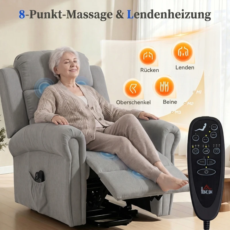 HOMCOM Power-lift relaxfauteuil met vibratiemassage en warmte, USB-aansluiting, zijvakken en afstandsbedieningen, lichtgrijs
