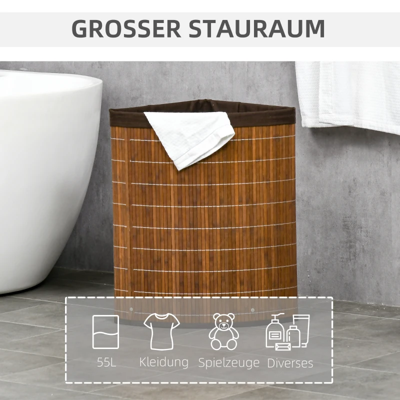 HOMCOM Wäschekorb Wäschesammler, 55L Fassungsvermögen, abnehmbarer Deckel, 38 cm x 38 cm x 57cm, Braun