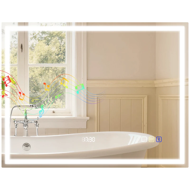 HOMCOM Espejo de baño LED Bluetooth 90 x 70 cm interruptor táctil luz regulable 3 colores antivaho memoria plateado