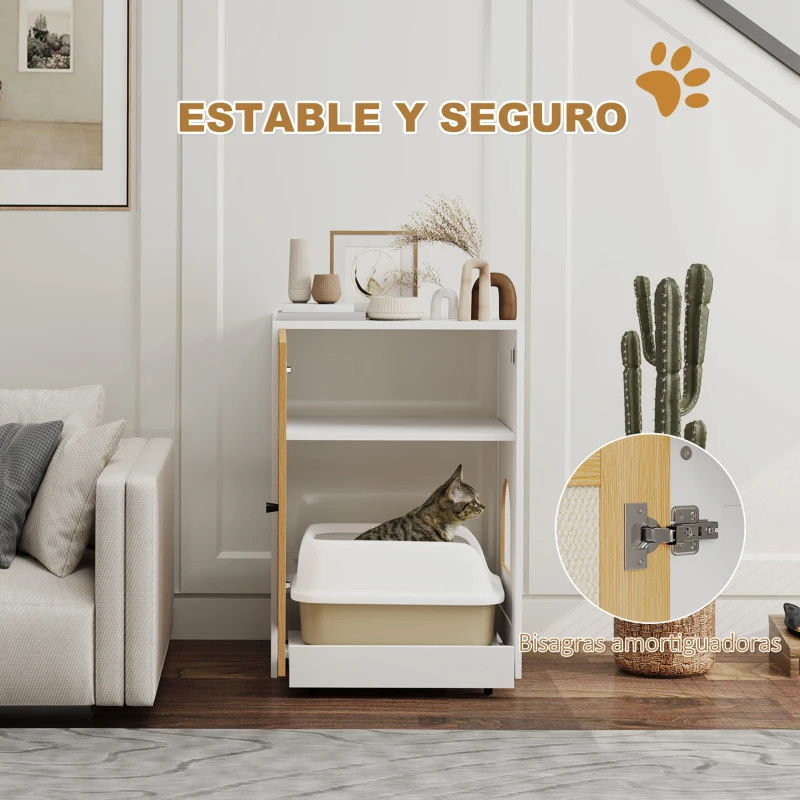 PawHut Mueble Arenero para Gatos con Bandeja Extraíble Compartimentos y Tapete para Rascar 57x50x80,5 cm Blanco y Roble