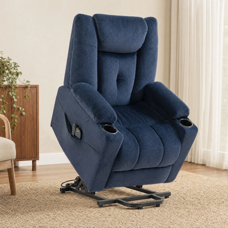 HOMCOM Elektrischer Aufstehsessel mit Vibrationsmassage und Lendenwärme, elektrischer Relaxsessel aus Samt, verstellbare Rückenlehne, Blau