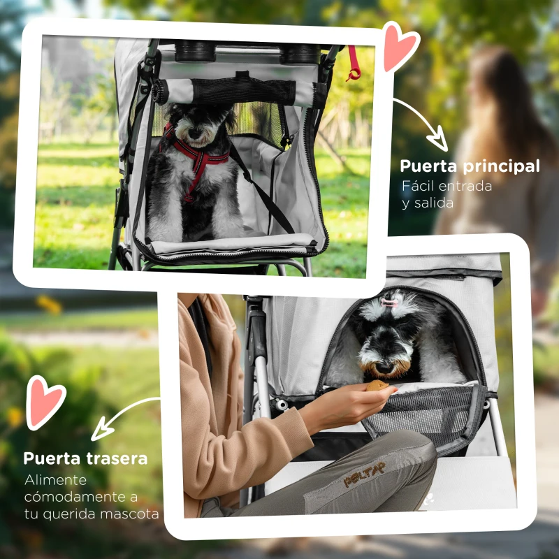 PawHut Carrito para Perros con Toldo Ajustable Cesta de Almacenaje y Ruedas con Freno Tela Oxford 77x45x99,5 cm Gris